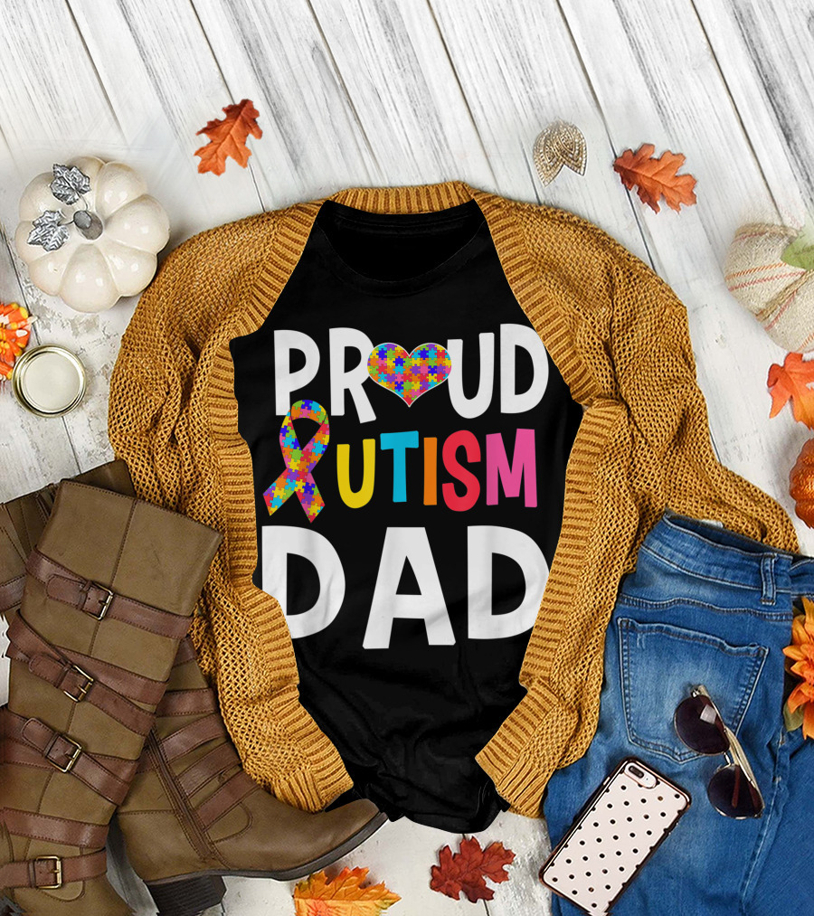 Proud Autism Dad Puzzle Heart Ribbon Autism Awareness Autistic T-Shirt