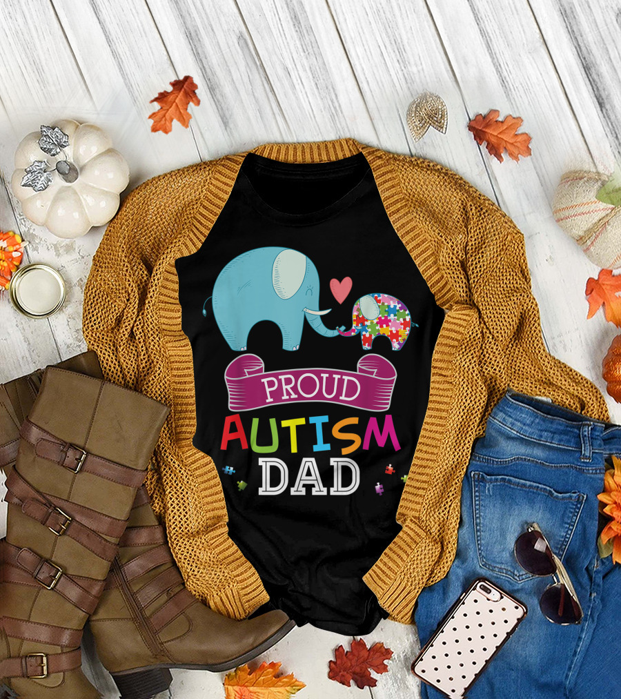 Proud Autism Dad Rainbow Puzzle Elephant Heart Connection T-Shirt