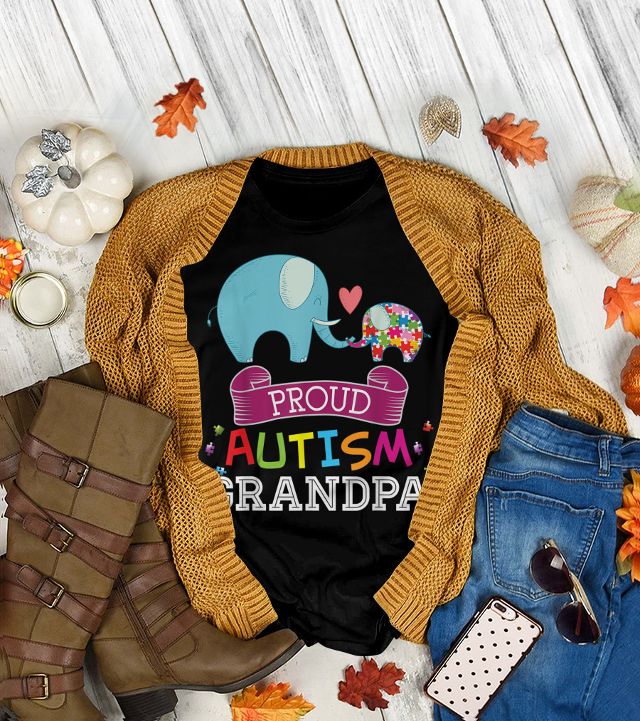 Proud Autism Grandpa Rainbow Puzzle Elephant Heart T-Shirt