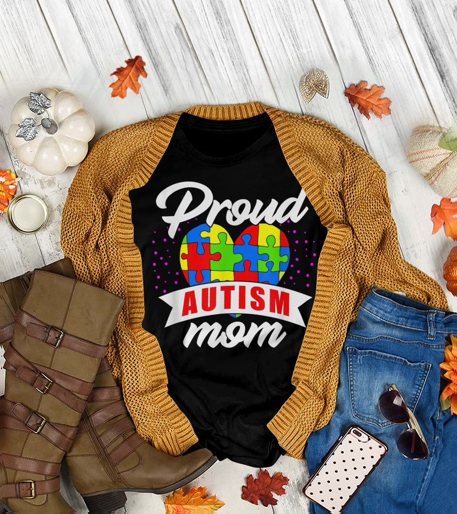 Proud Autism Mom Mother Mama Heart Puzzle Piece T-Shirt