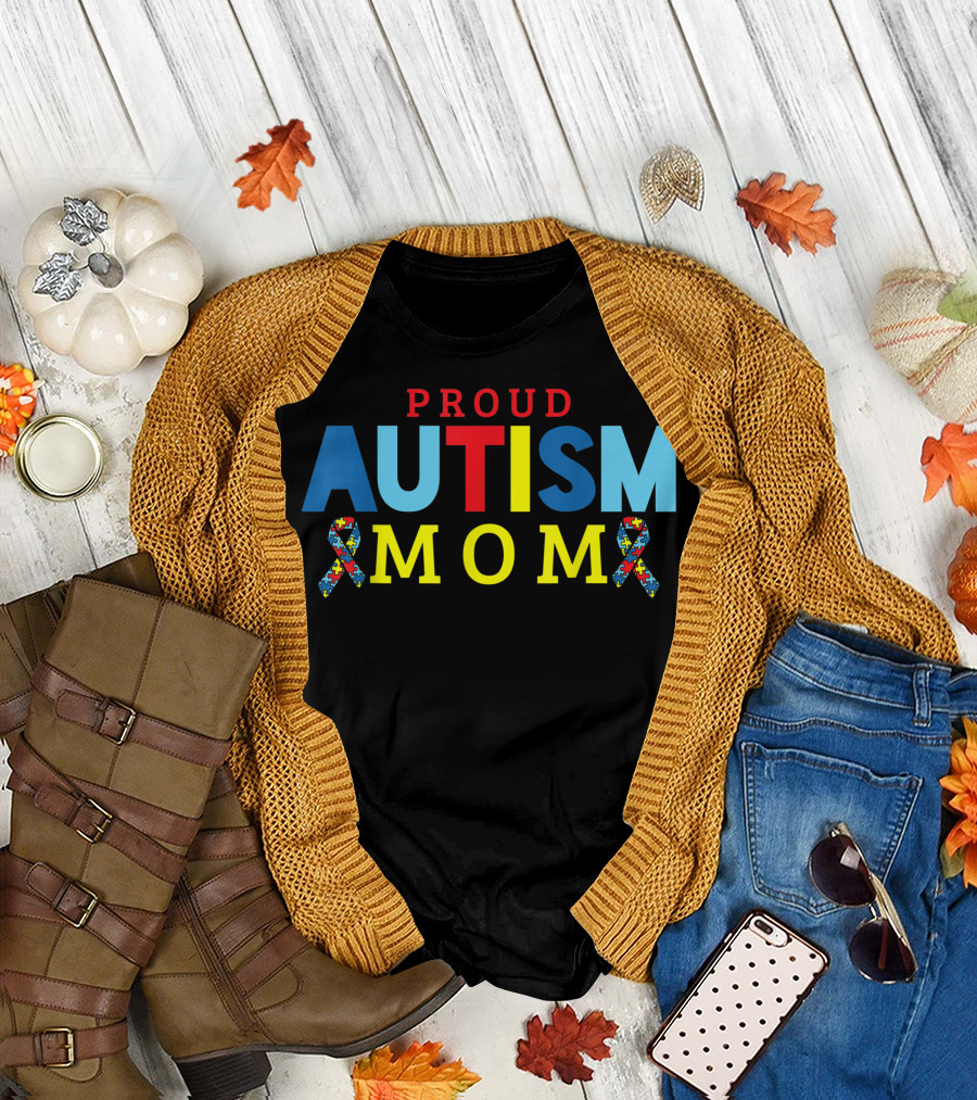 PROUD AUTISM MOM with Puzzle Piece Ribbons T-Shirt