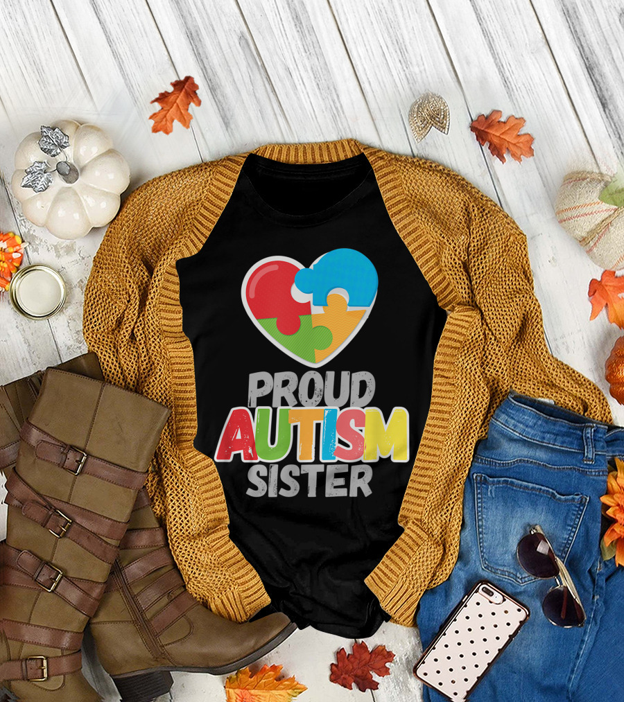 Proud Autism Sister Heart Puzzle Autism Awareness Day T-Shirt