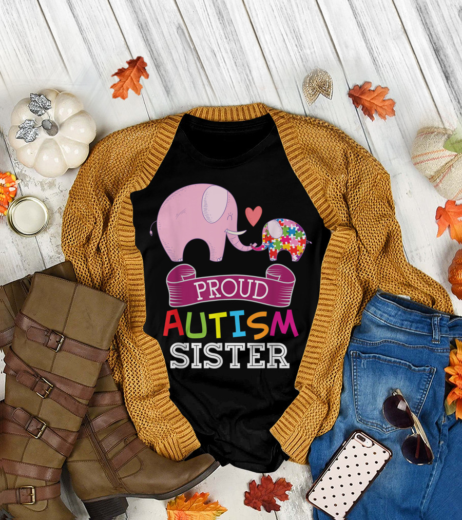 Proud Autism Sister Autistic Day Awareness Rainbow Puzzle Elephant T-Shirt