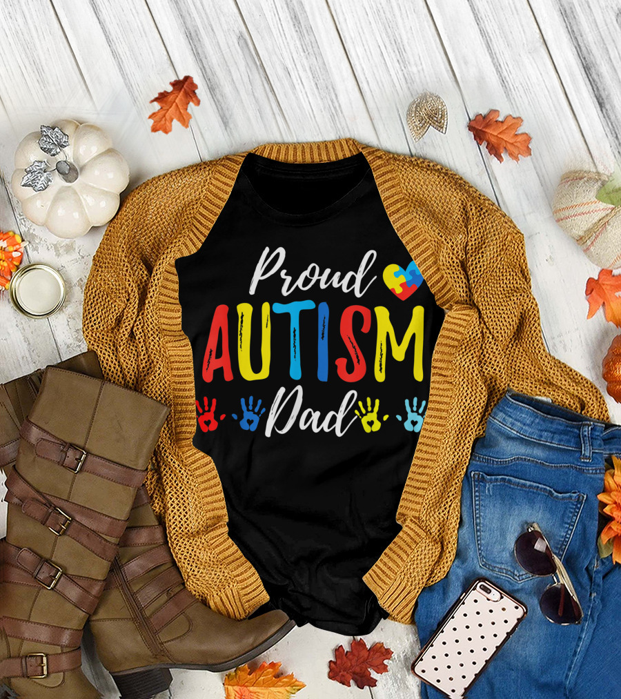 Proud Autism Dad Heart Puzzle Handprints T-Shirt