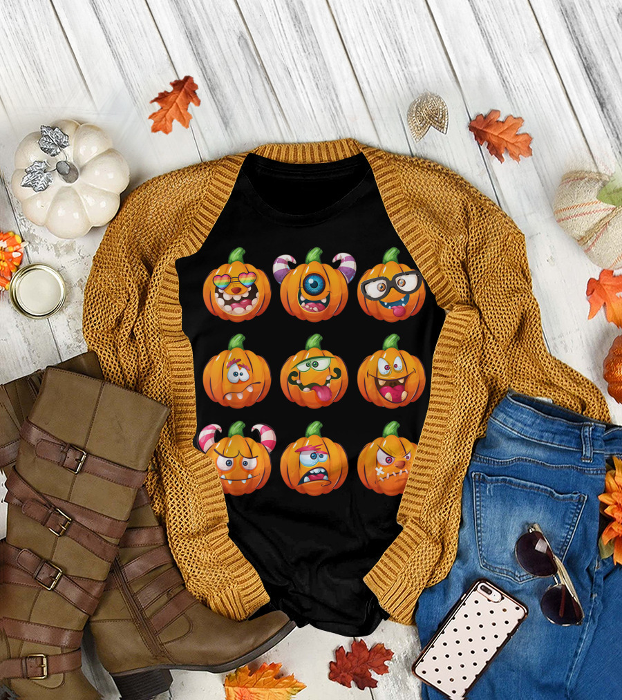 Pumpkin Face Emoticon Expressions Halloween Mood Monster Faces T-Shirt