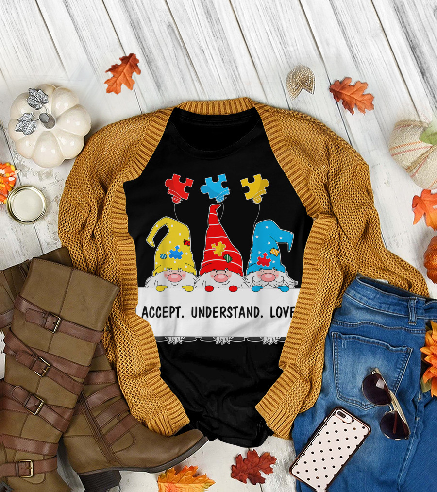 Puzzle Piece Gnomes Accept Understand Love Autism Awareness T-Shirt