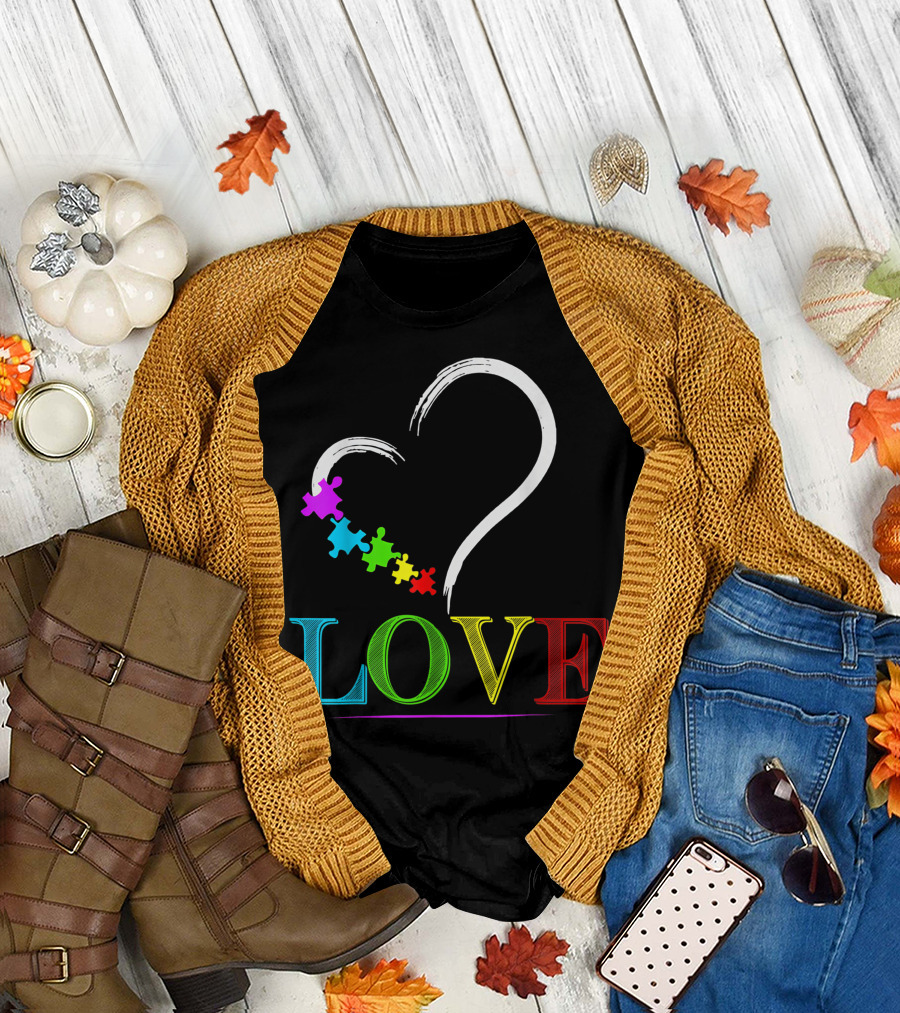 Puzzles Piece Heart Rainbow Love Autism Awareness T-Shirt