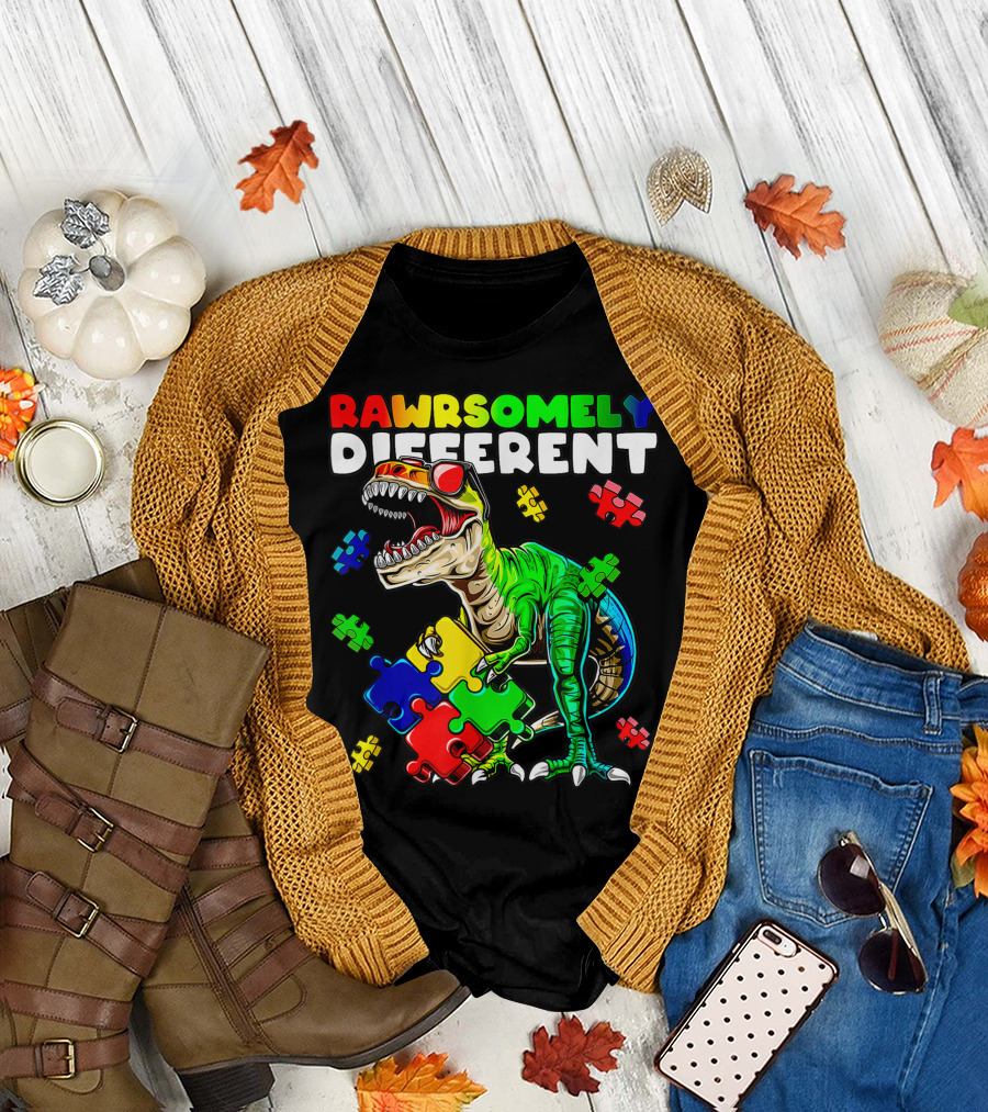 Rawrsomely Different Dinosaur Autism Awareness Puzzle Pieces T-Shirt