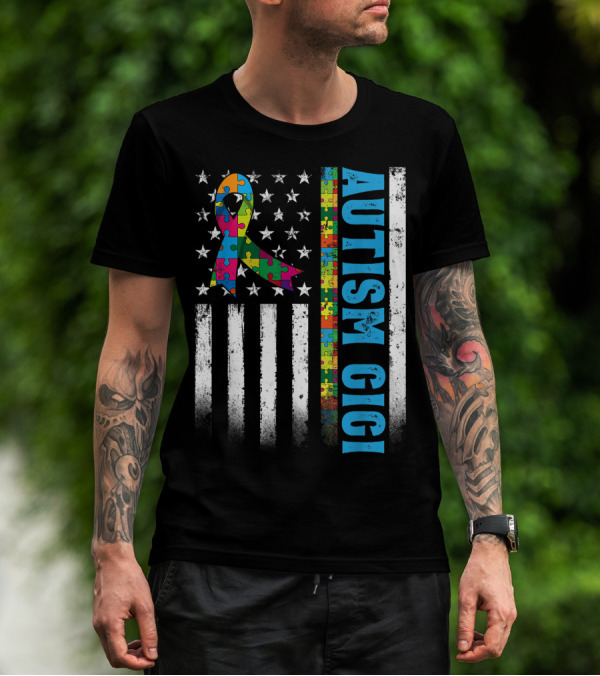 Retro American Flag Puzzle Ribbon Autism Gigi Awareness Autistic T-Shirt