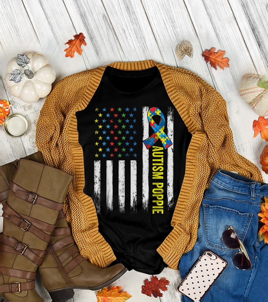 Autism Poppie Retro American Flag Awareness Puzzle T-Shirt