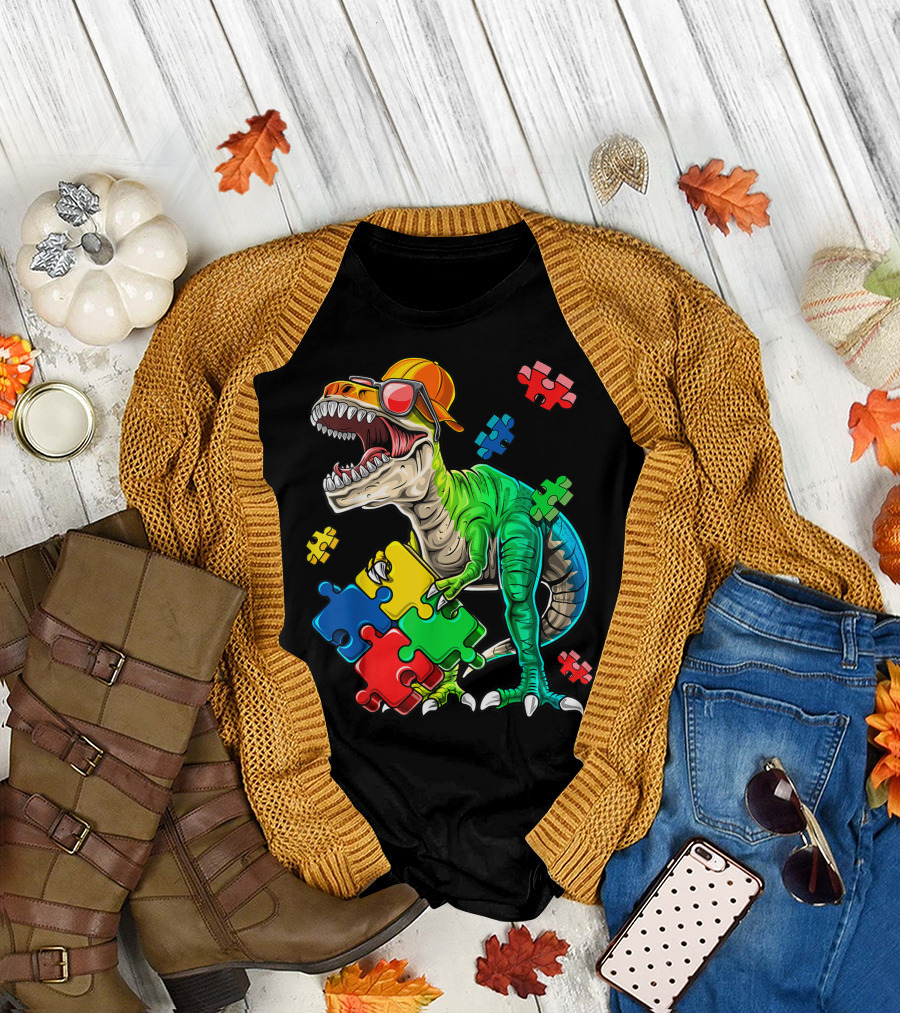 Rex Dinosaur Autism Awareness Puzzle Piece Colors T-Shirt