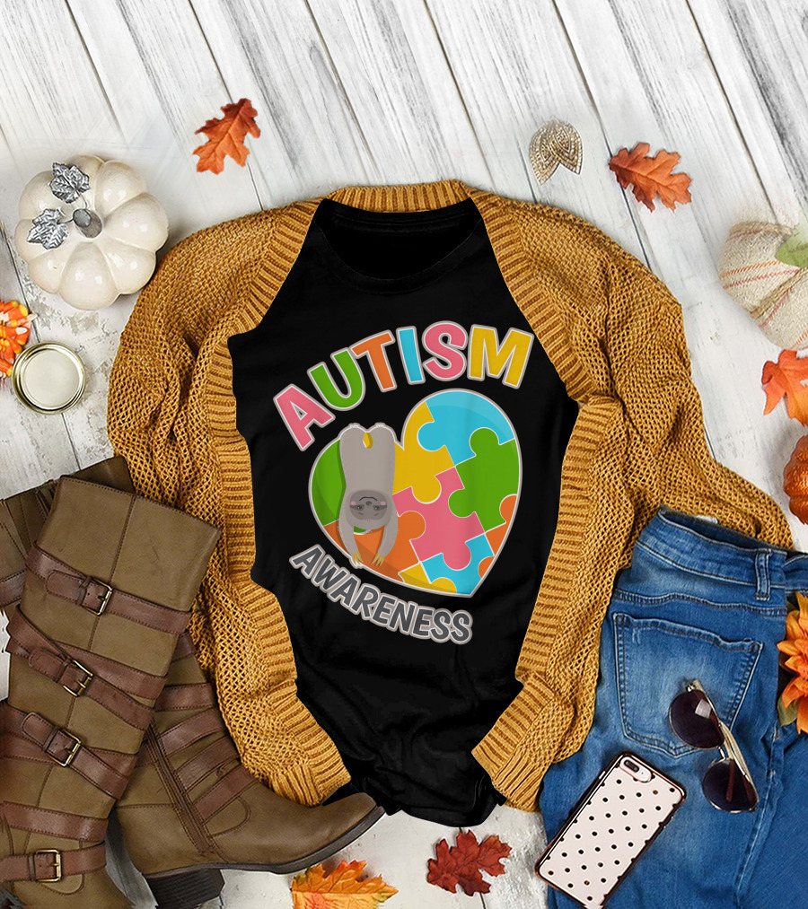 Autism Awareness Sloth Heart Puzzle Women Boy Girl Kid T-Shirt