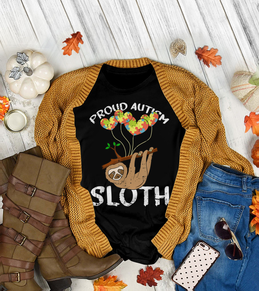 Proud Autism Sloth with Puzzle Pattern Heart Balloons T-Shirt