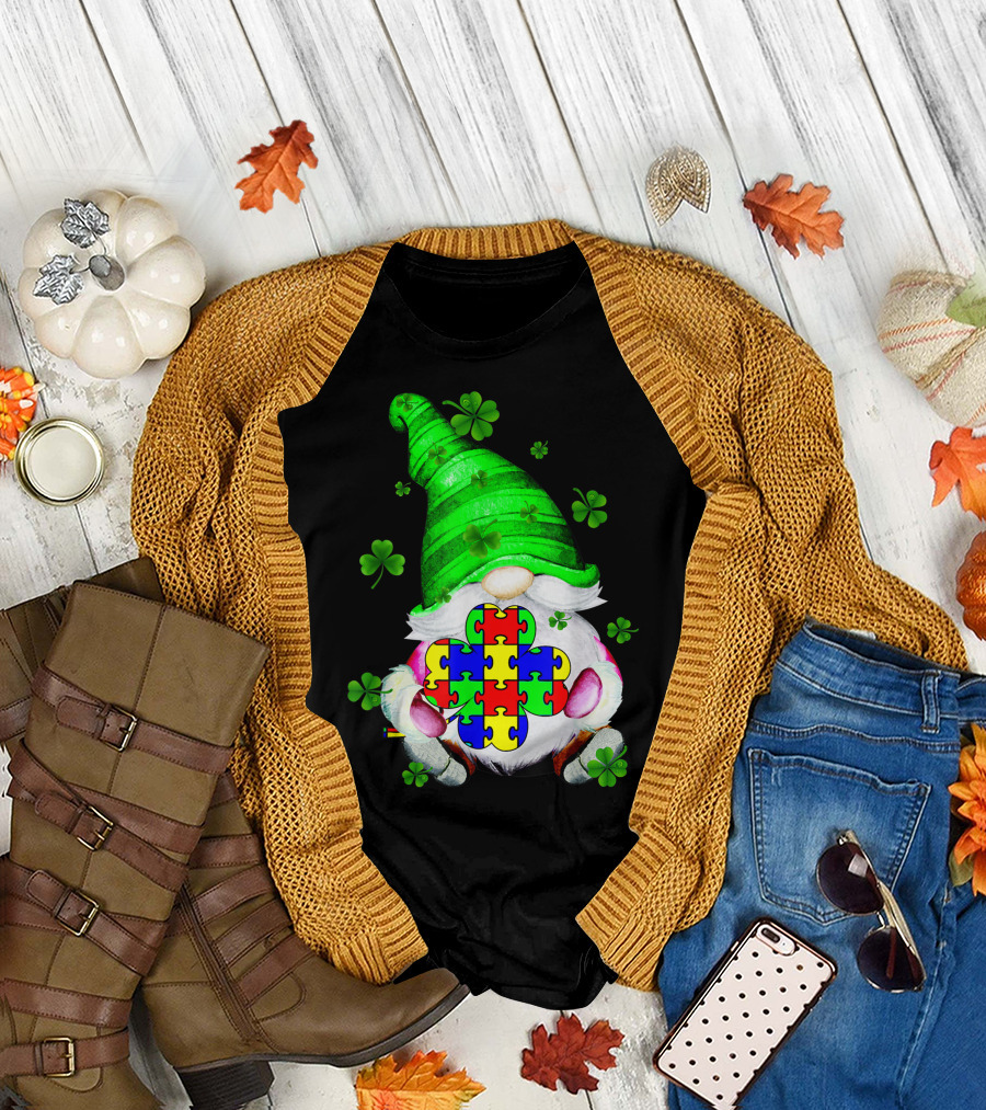St Patricks Day Gnomes Shamrock Puzzle Autism Awareness T-Shirt