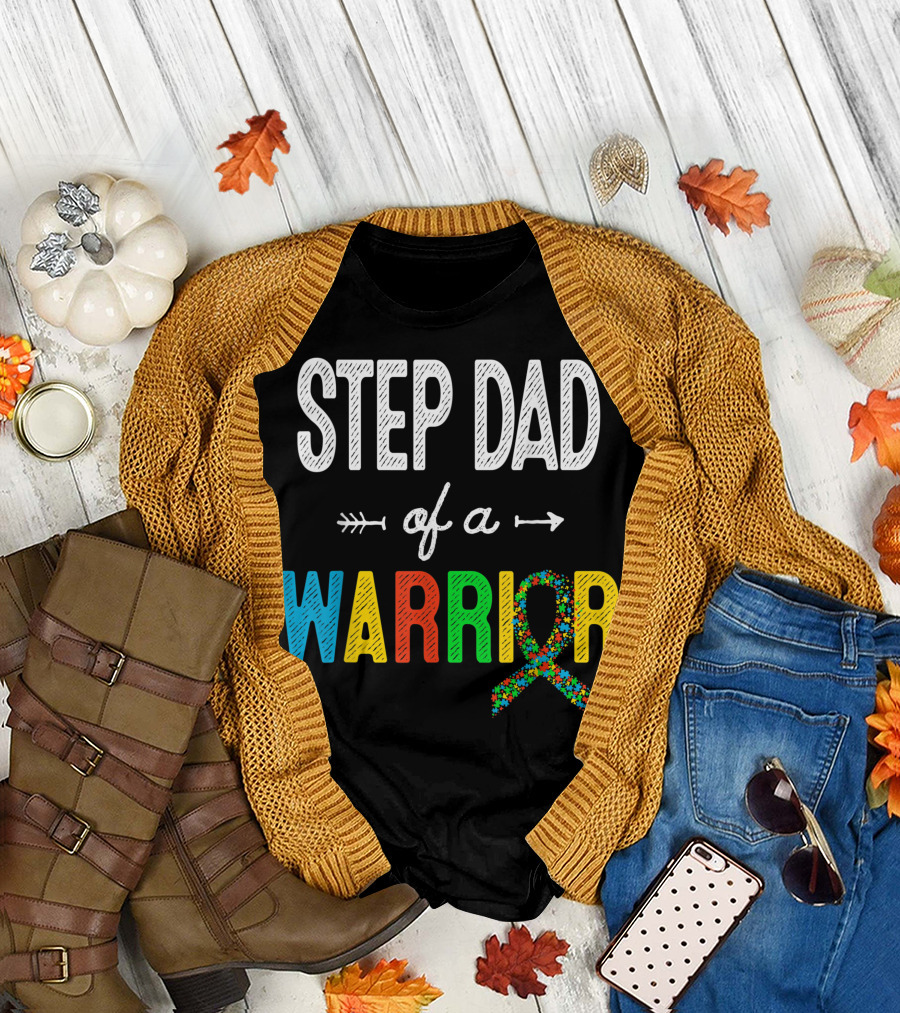 Step Dad Of A Warrior Autism Awareness Puzzle Ribbon Support T-Shirt