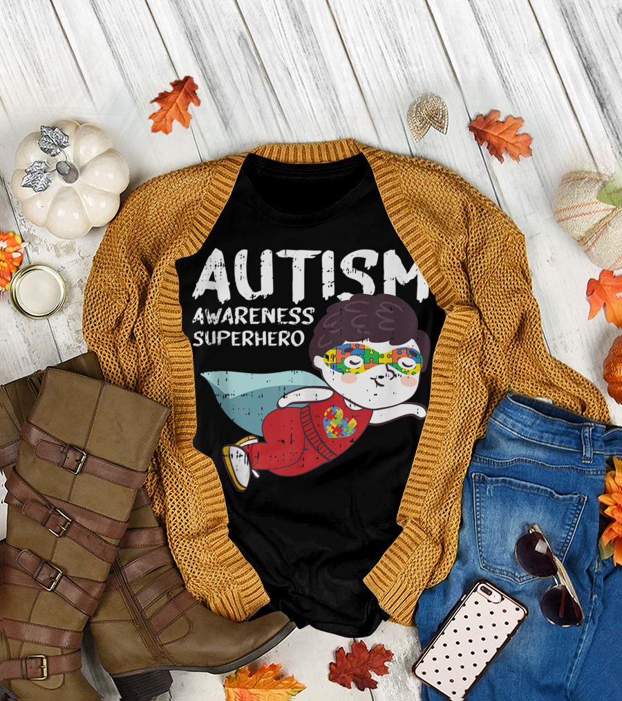Autism Awareness Superhero Child with Puzzle Mask Flying T-Shirt
