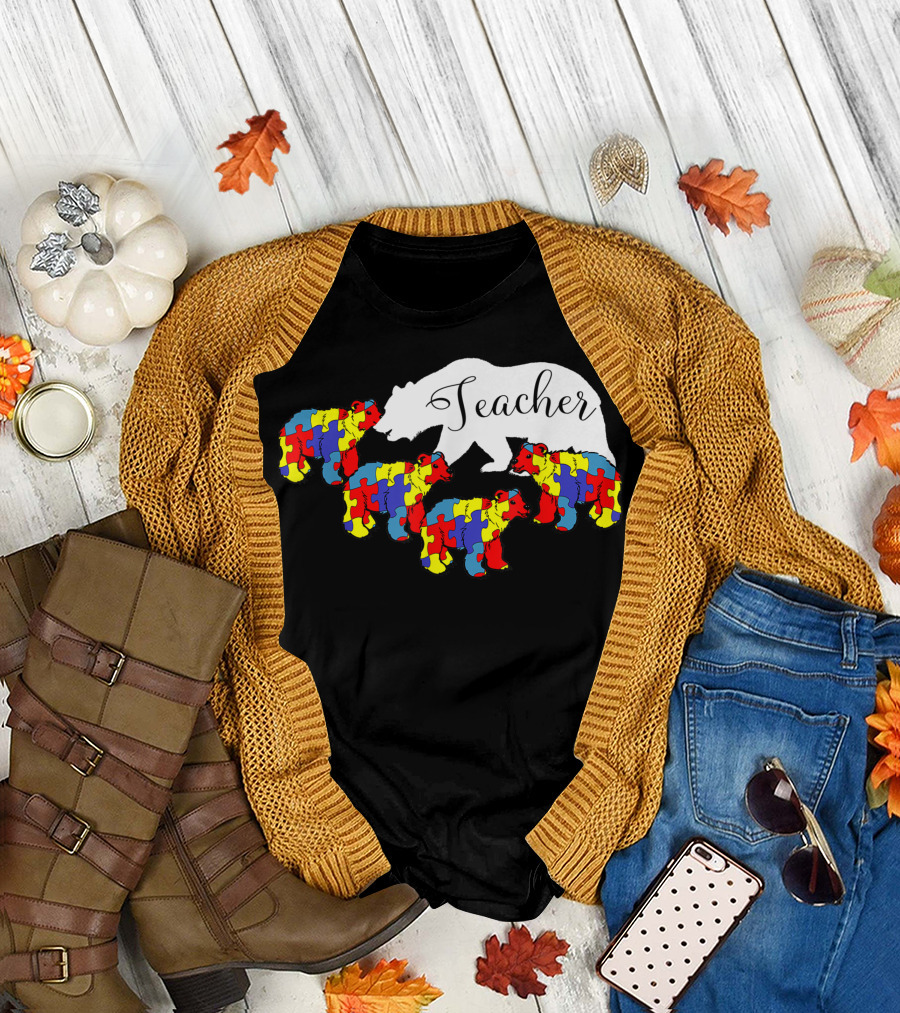 Teacher Bear Puzzle Piece Autism Awareness Month Sped Teacher T-Shirt