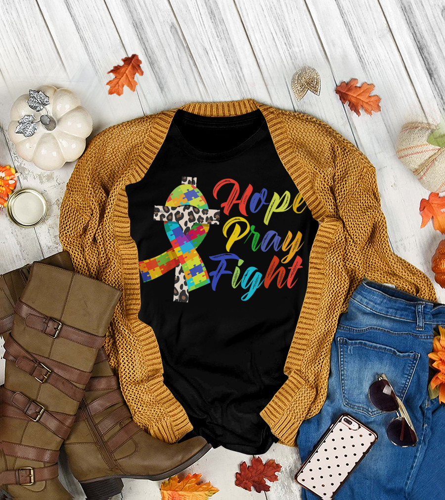 Hope Pray Fight Christian Cross Ribbon Puzzle Autism Awareness Month T-Shirt