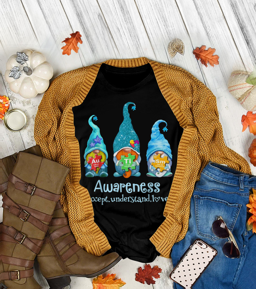 Three Blue Gnomes Au Ti Sm Autism Awareness Accept Understand Love T-Shirt