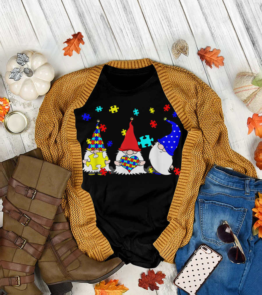 Three Gnomes Holding Puzzle Pieces for Autism Awareness with Colorful T-Shirt
