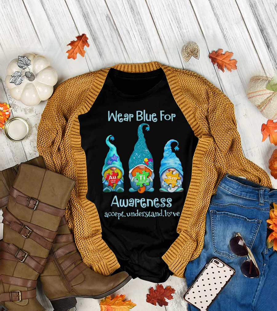 Wear Blue for Awareness Accept Understand Love Three Gnomes Autism Puzzle T-Shirt