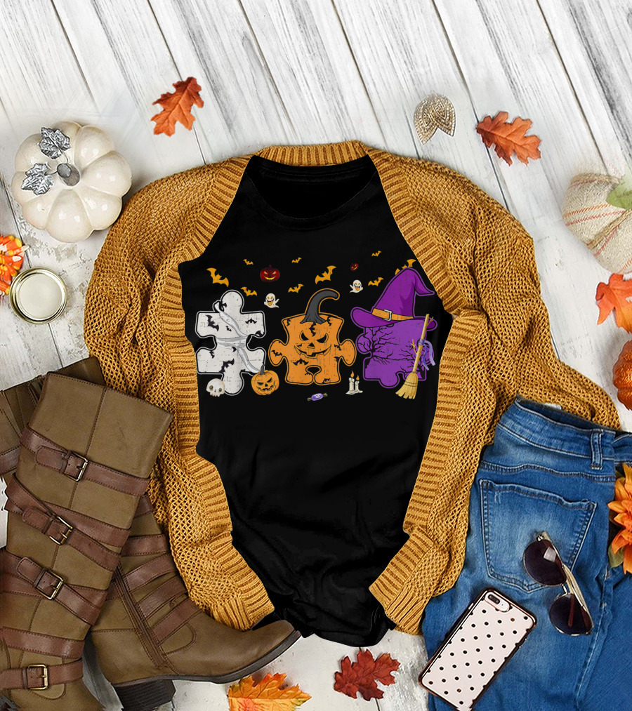 Puzzle Autism Awareness Halloween Mummy Pumpkin Witch Costume Party T-Shirt