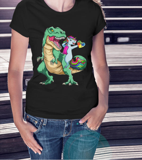 Unicorn Riding Dinosaur Autism Awareness Valentines Day Puzzle Heart T-Shirt