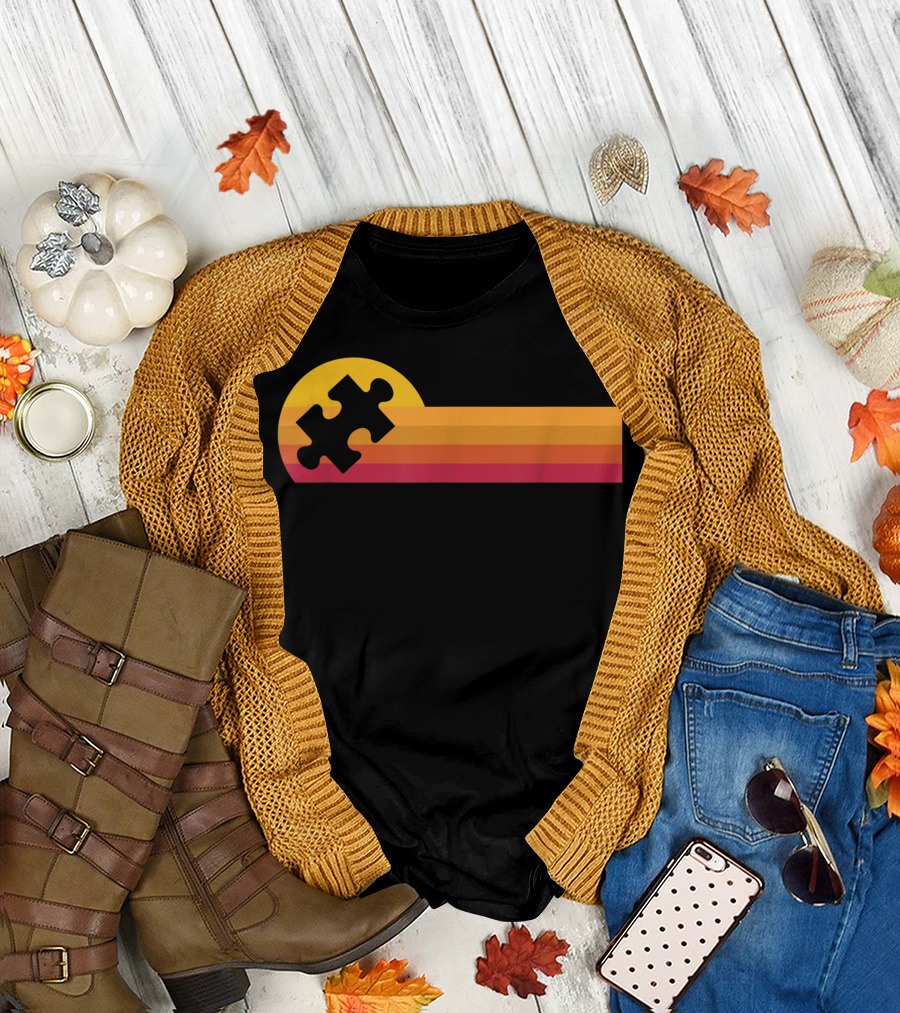 Vintage Style Puzzle Piece Autism Awareness Retro Sunset T-Shirt