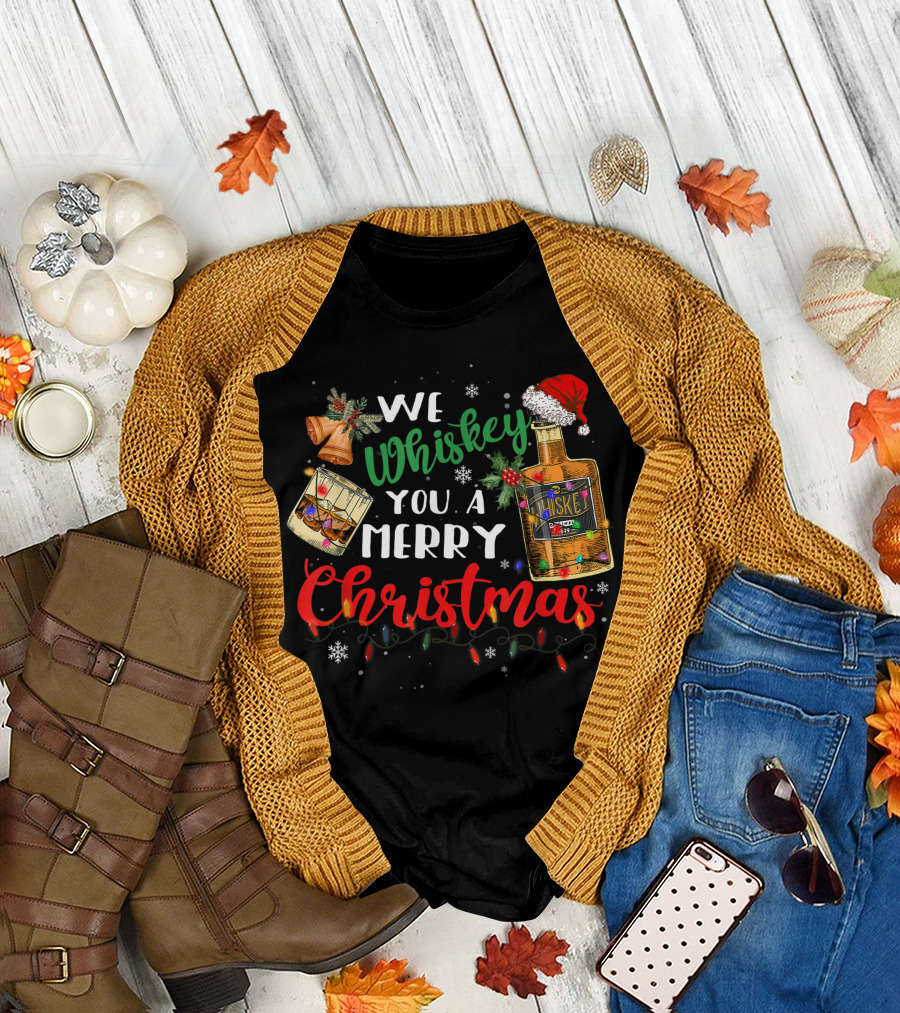We Whiskey You A Merry Christmas Whiskey Bottle Santa Hat Christmas Lights T-Shirt