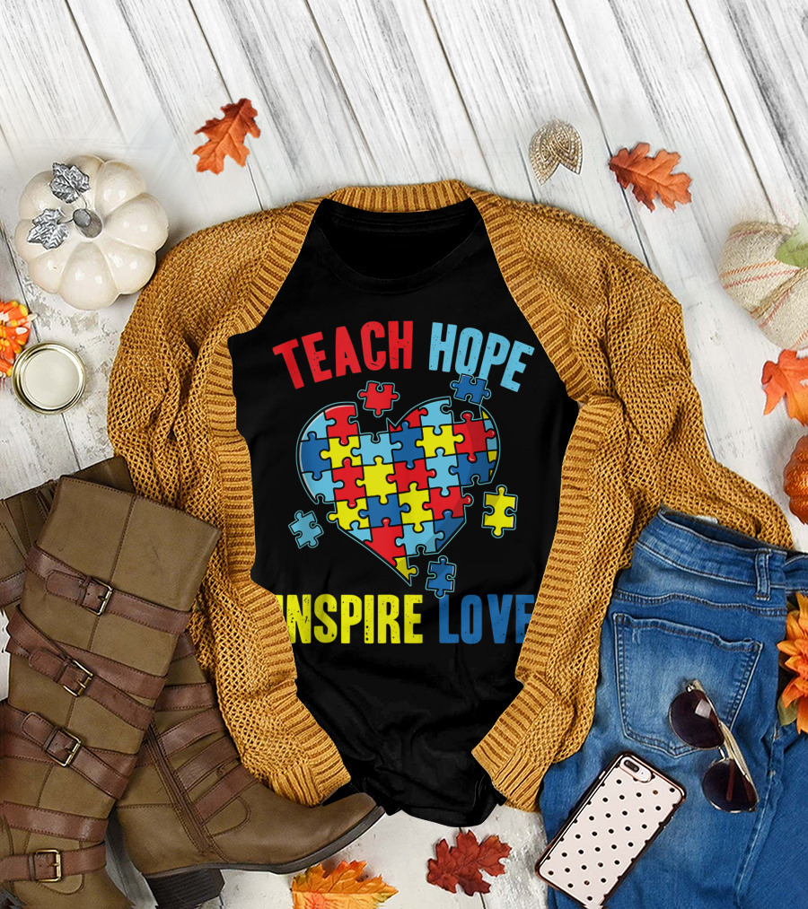 Teach Hope Inspire Love World Autism Awareness Puzzle Piece Teacher T-Shirt