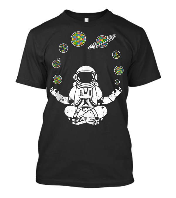 Yoga Astronaut With Planets And Autism Awareness Puzzle T-Shirt
