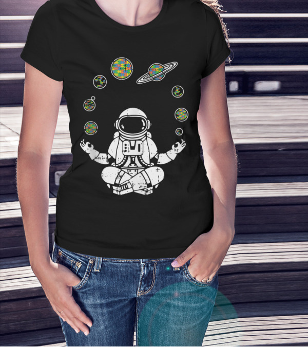 Yoga Astronaut With Planets And Autism Awareness Puzzle T-Shirt