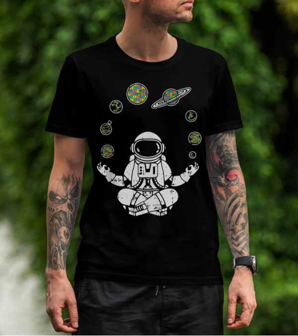 Yoga Astronaut With Planets And Autism Awareness Puzzle T-Shirt