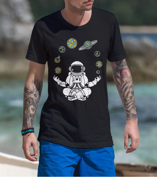 Yoga Astronaut With Planets And Autism Awareness Puzzle T-Shirt