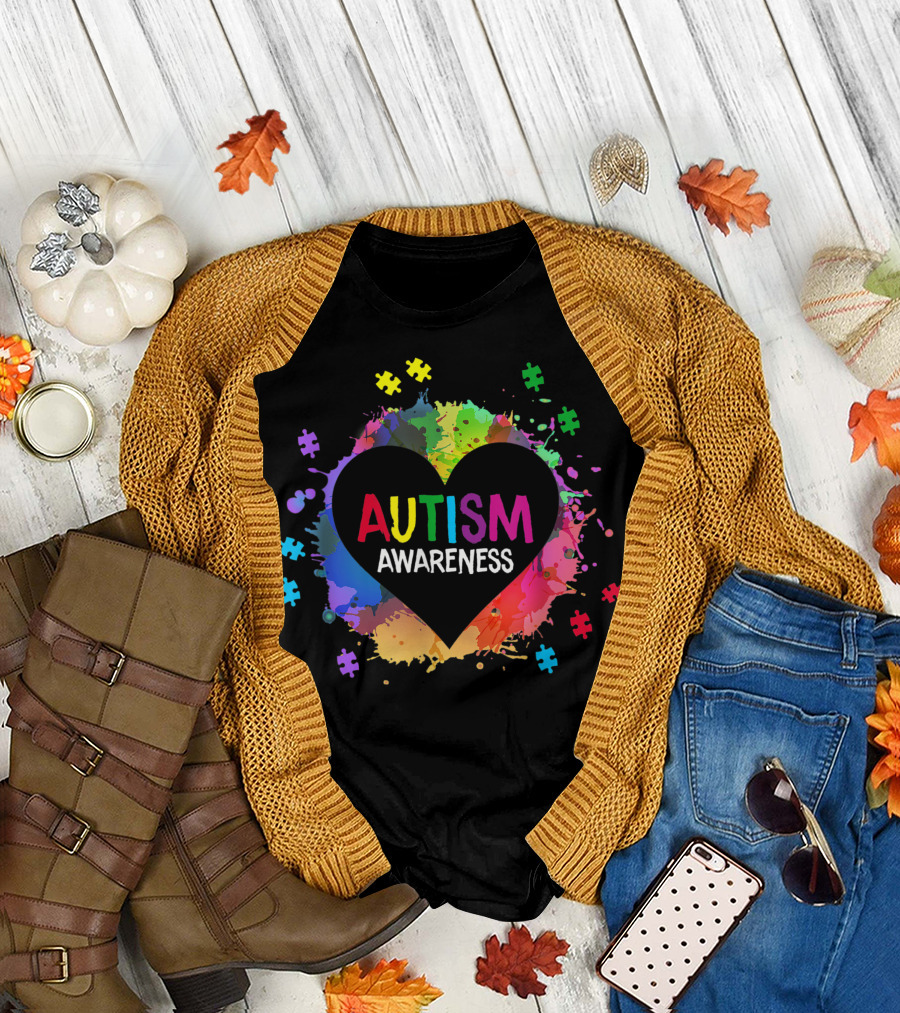 Autism Awareness Heart with Colorful Puzzle Pieces and Rainbow Splatter Background T-Shirt