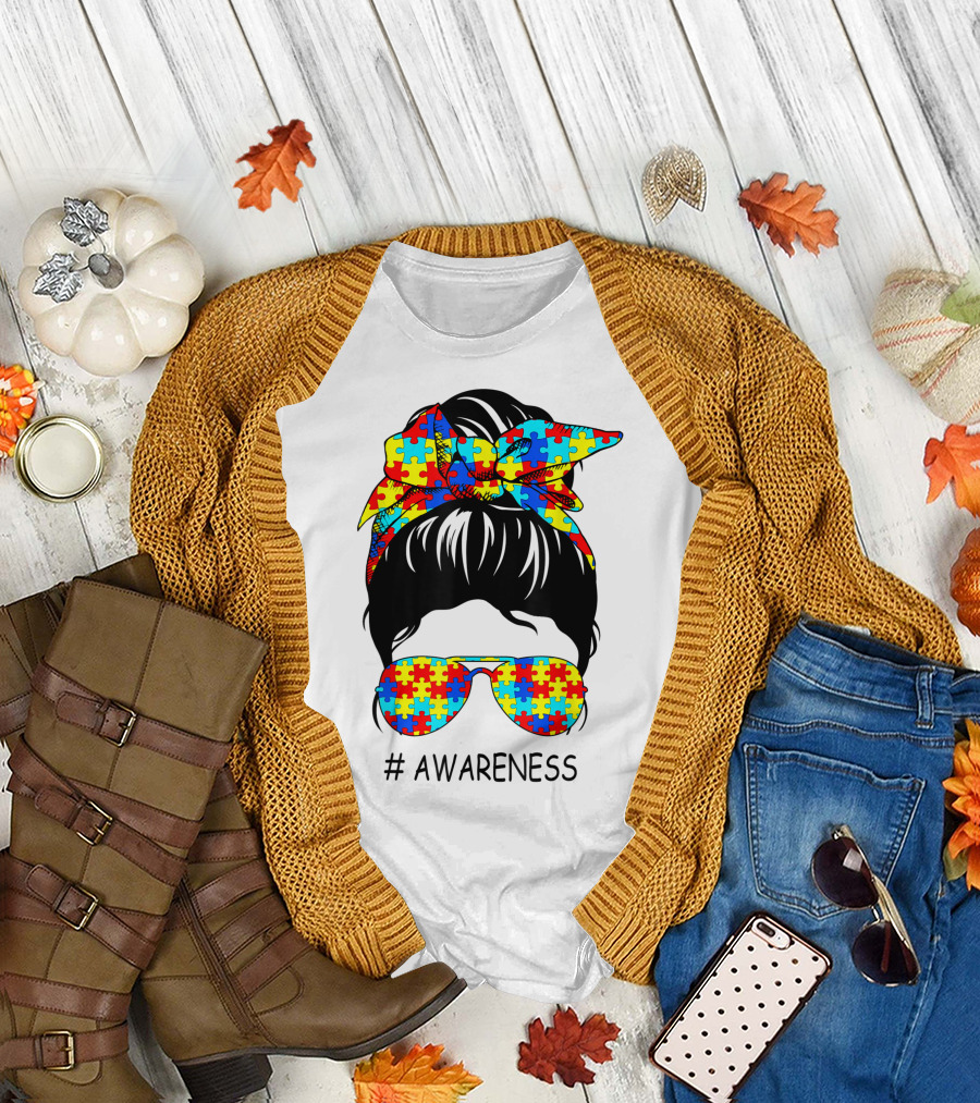 Awareness Bun with Puzzle Pattern Sunglasses T-Shirt