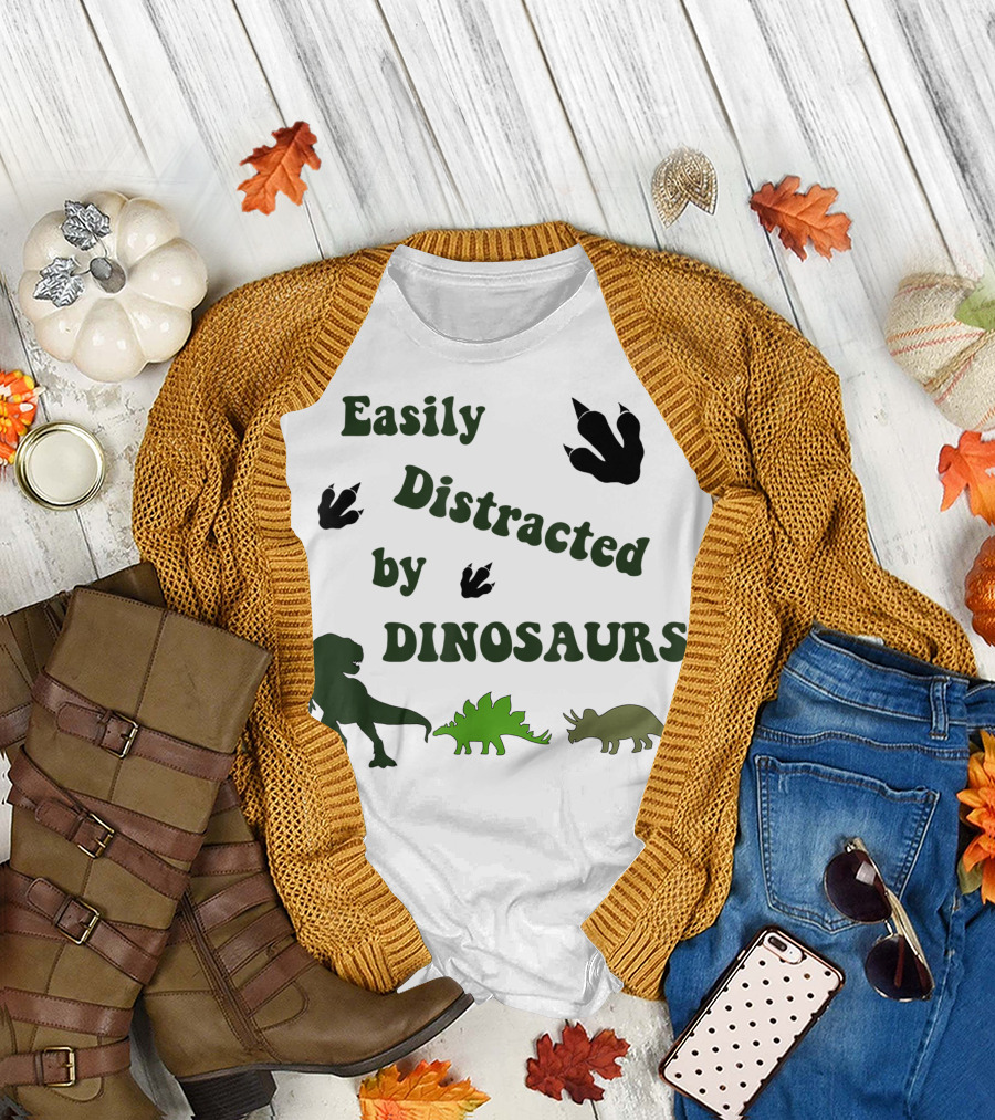 Easily Distracted by Dinosaurs T-Rex Stegosaurus Triceratops Paw Prints T-Shirt