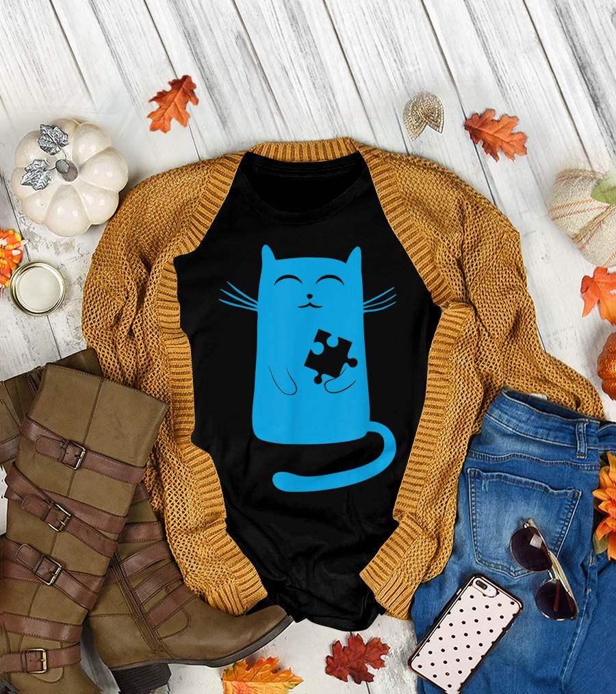 Autism Kitty Blue Cat Puzzle Piece Drawing T-Shirt