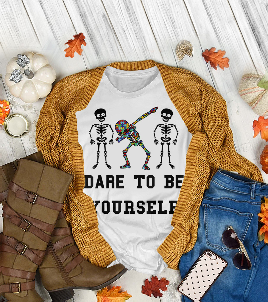 Dare To Be Yourself Autism Awareness Skeleton Dabbing Puzzle Pieces T-Shirt