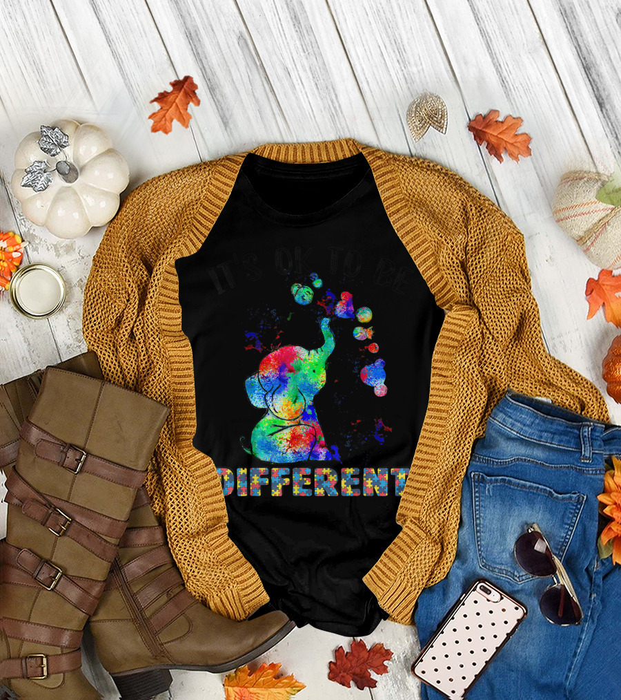 IT'S OK TO BE DIFFERENT Autism Awareness Day Elephant Multicolor Puzzle T-Shirt