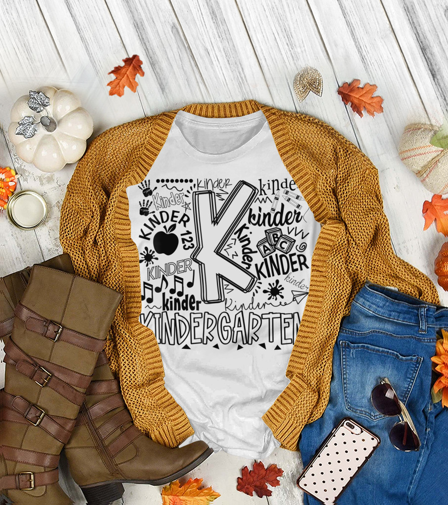 Kinder Apple ABC Blocks Music Notes Kinder123 Kindergarten Typography Back To School T-Shirt