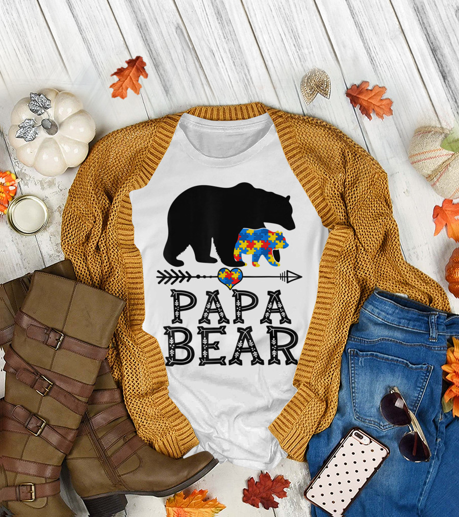 Papa Bear Puzzle Piece Heart Autism Awareness Dad T-Shirt
