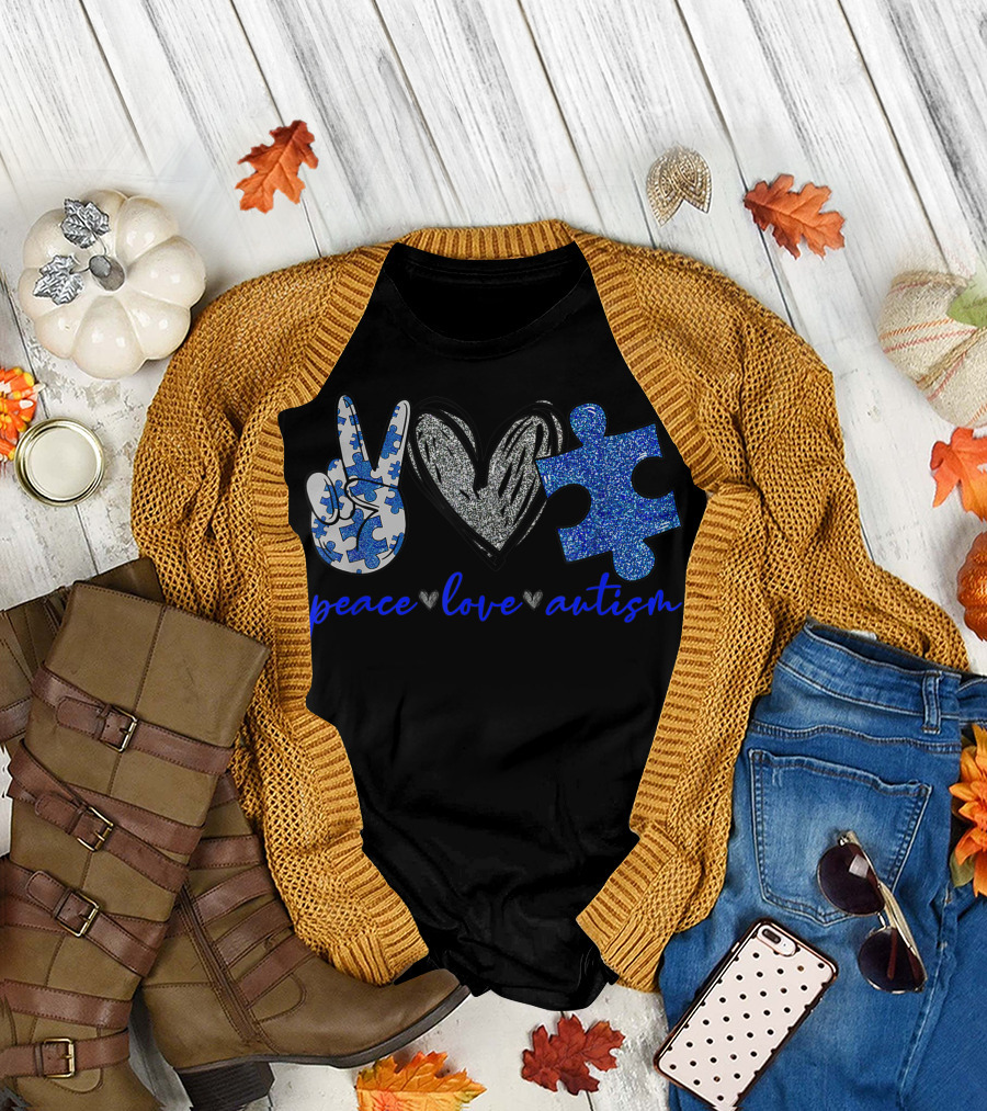 Peace Love Autism Heart Puzzle Piece Autism Awareness Month Support Autism T-Shirt