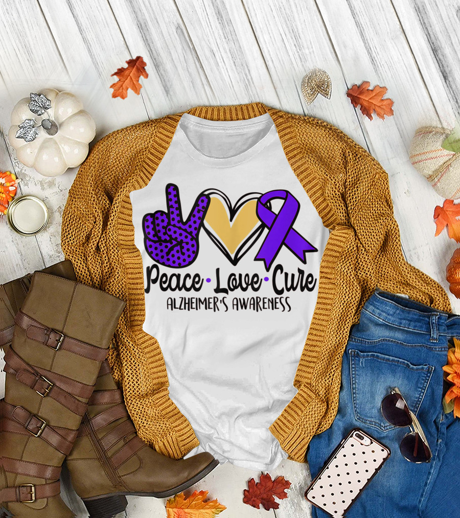 Peace Love Cure Alzheimer's Awareness Purple T-Shirt