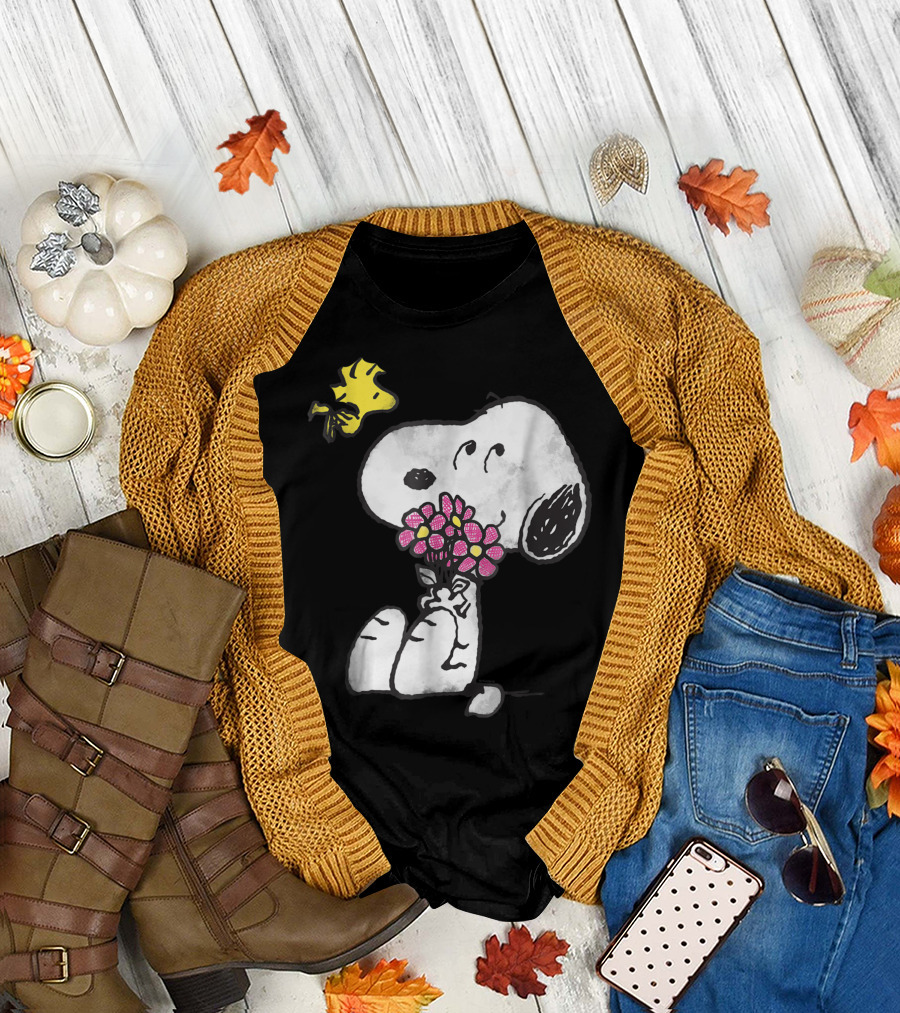 Peanuts Snoopy with Flowers and Woodstock Mother's Love T-Shirt