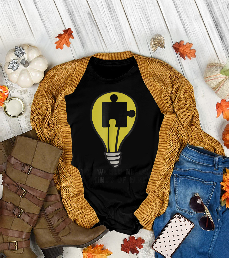 The World Needs All Kinds of Minds Puzzle Piece Light Bulb T-Shirt