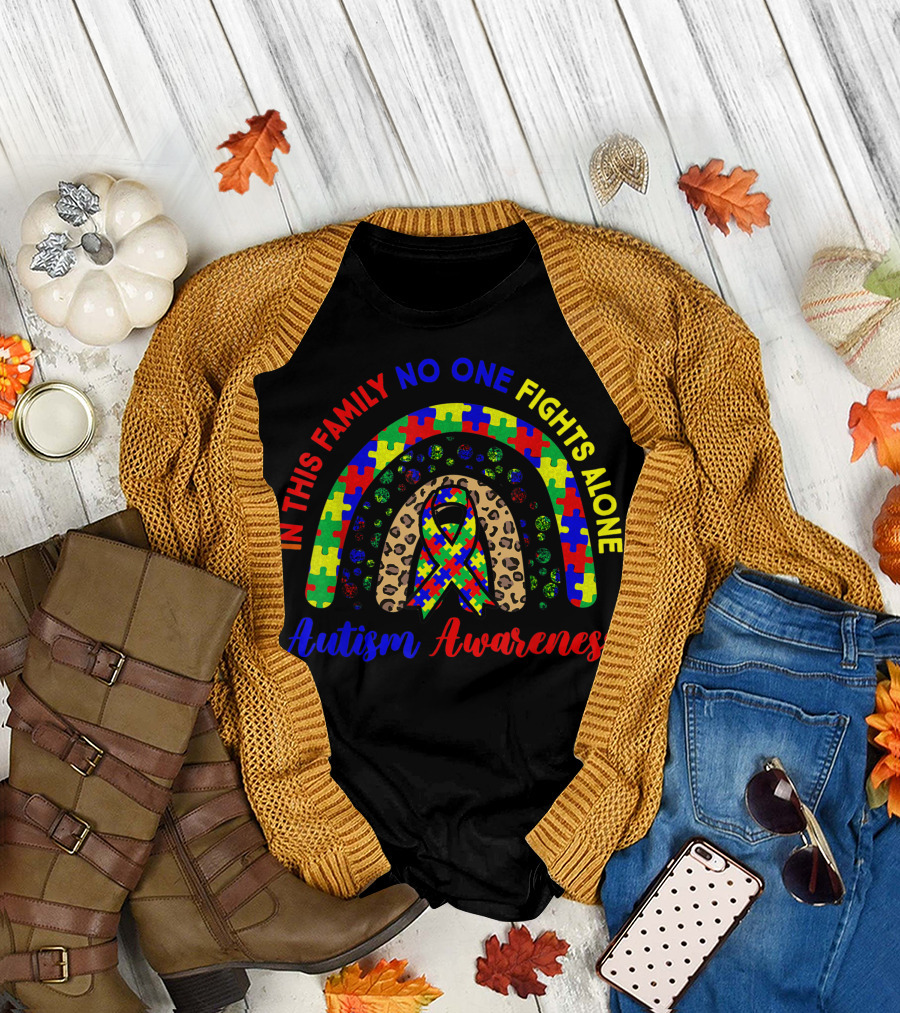 In This Family No One Fights Alone Rainbow Ribbon Puzzle Autism Awareness T-Shirt