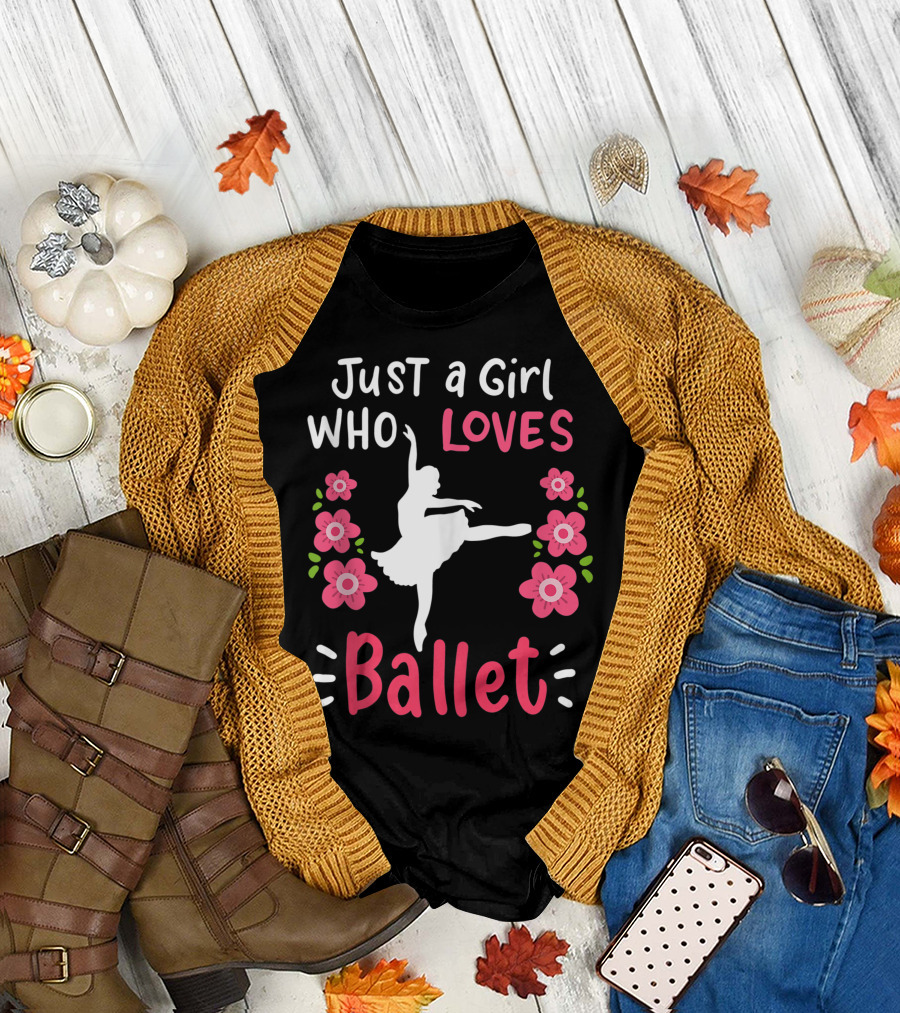 Just a Girl Who Loves Ballet Ballerina with Floral Accents T-Shirt