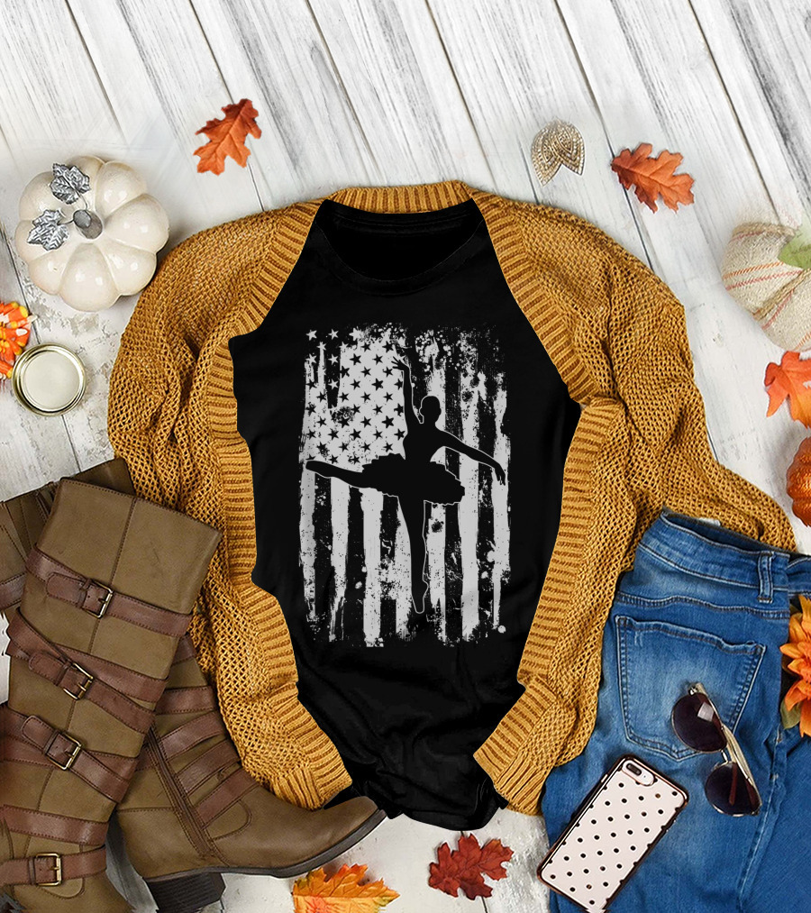 Ballet Ballerina Silhouette with Distressed USA Flag Background T-Shirt
