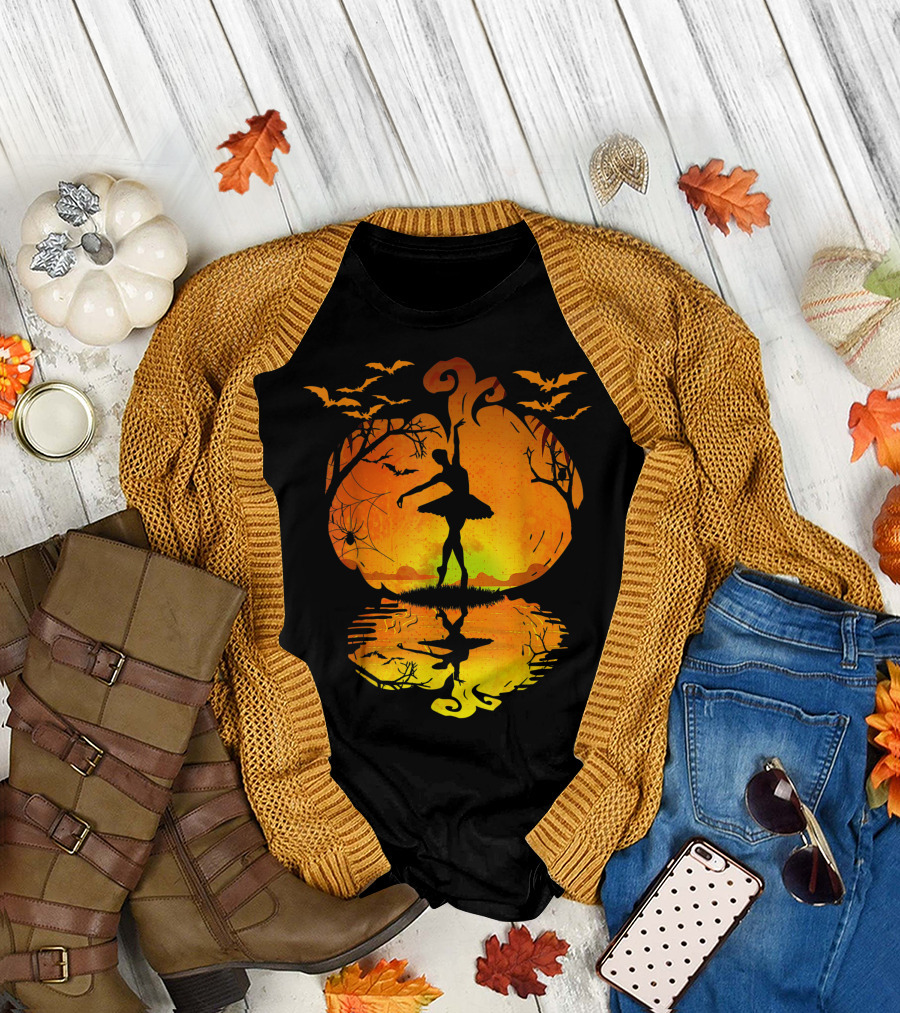 Ballet Dancer Silhouette Halloween Pumpkin Autumn Reflection T-Shirt